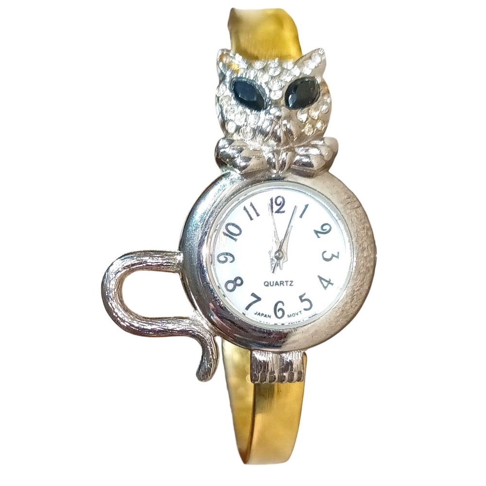 Vintage Avon Ladies Quartz Bangle Watch Cat Design Gold & Silver Tone MOP Dial